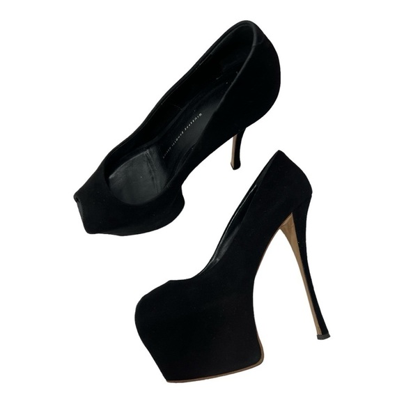Giuseppe Zanotti Black Suede Peep Toe Platform Pumps Size 38.5 US 8.5 Suede - Picture 7 of 14
